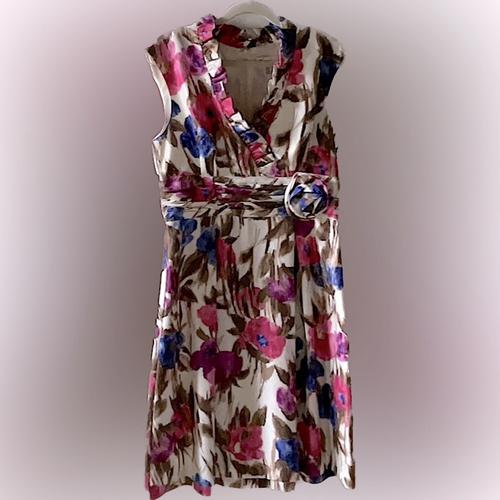 Kim Rogers Floral Ruffled Neck Dress Size 10